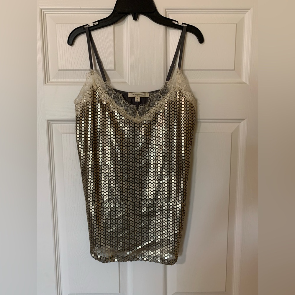 Living Doll Metallic Sequin‎ Lace Ruffle Camisole Size M Chic Romantic Coquette